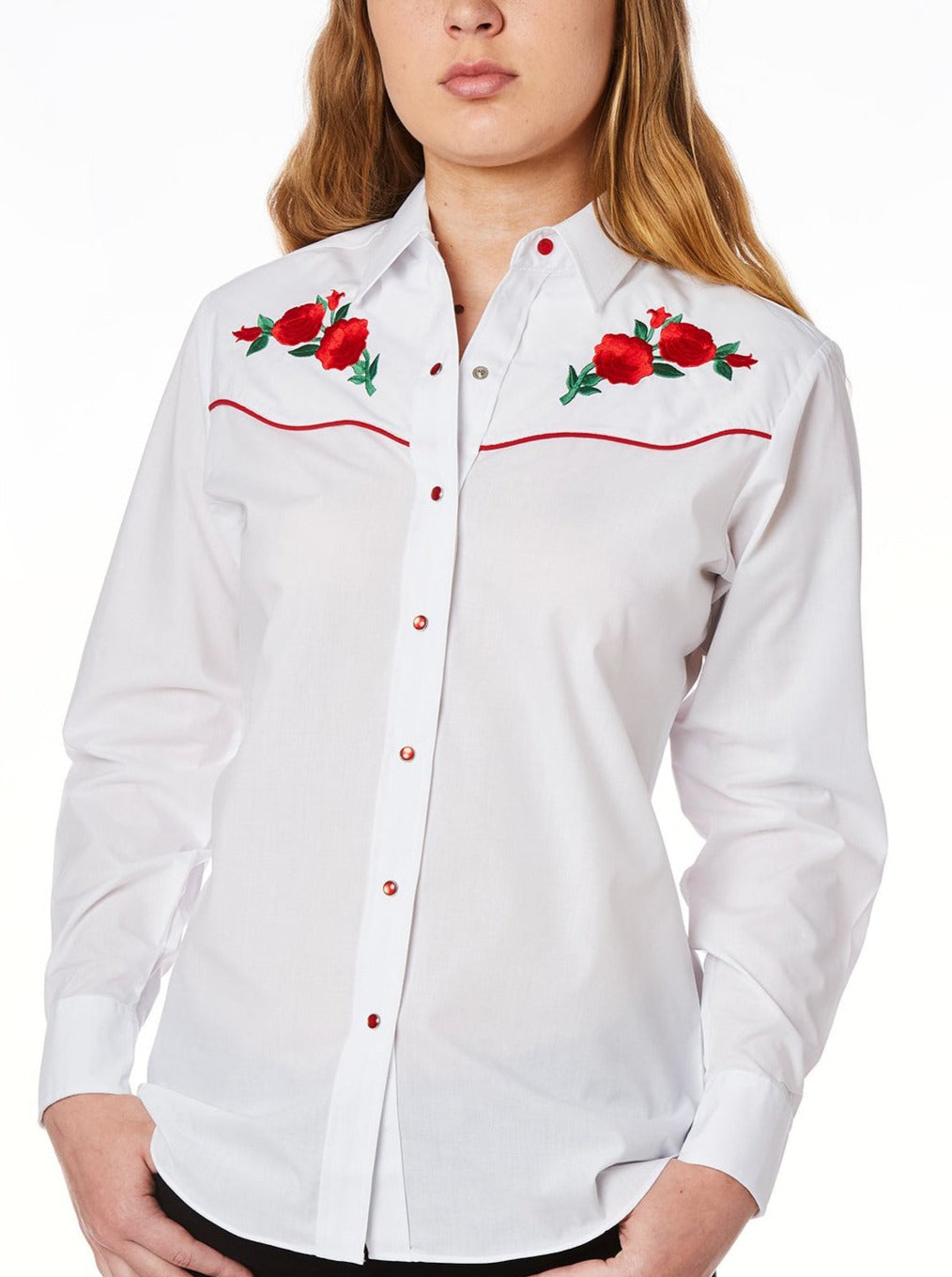 Women's Ely Walker Long Sleeve Western Snap Shirt with Red Rose Embroidery