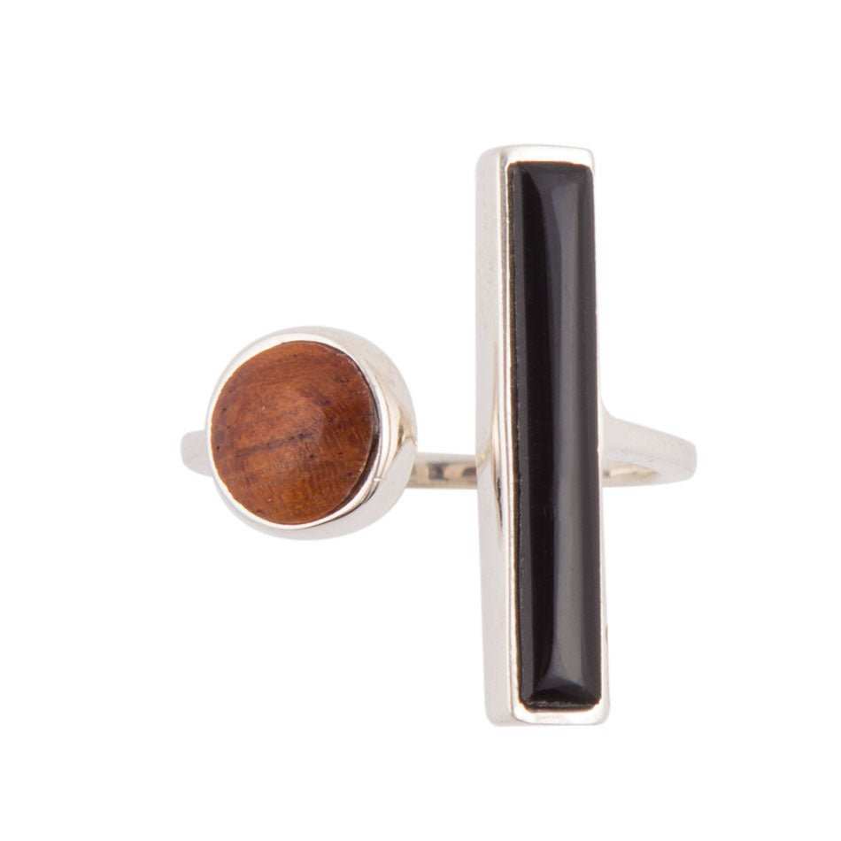 Brown Wood and Black Onyx Size Adjustable Sterling Silver Ring - Barse Jewelry - Flyclothing LLC