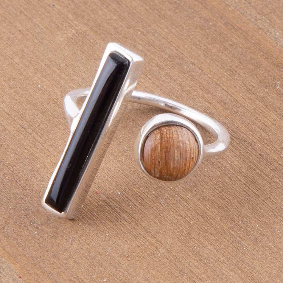 Brown Wood and Black Onyx Size Adjustable Sterling Silver Ring - Barse Jewelry - Flyclothing LLC