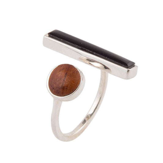Brown Wood and Black Onyx Size Adjustable Sterling Silver Ring - Barse Jewelry - Flyclothing LLC