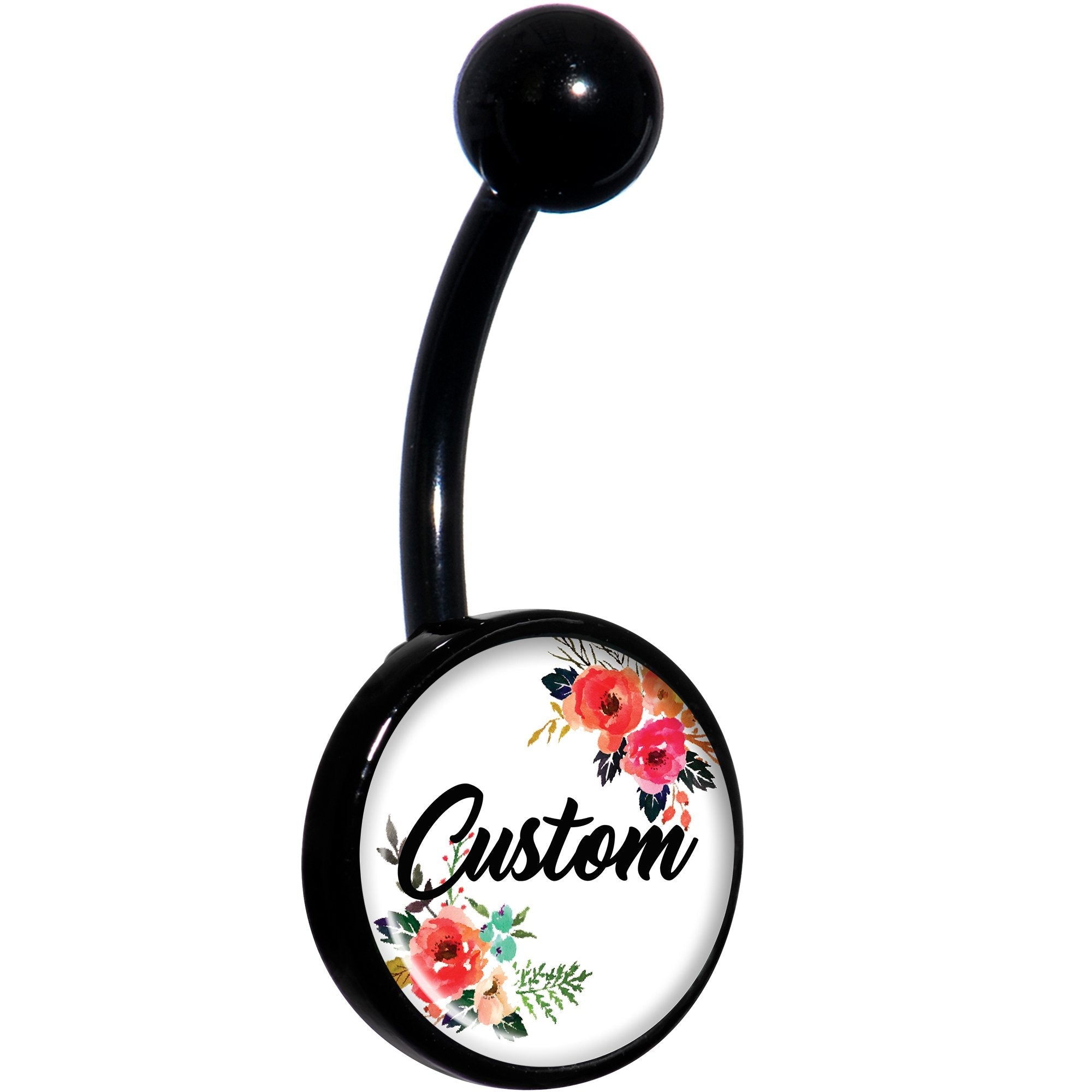 Custom Floral Personalized Name Black Belly Ring - BodyCandy - Flyclothing LLC
