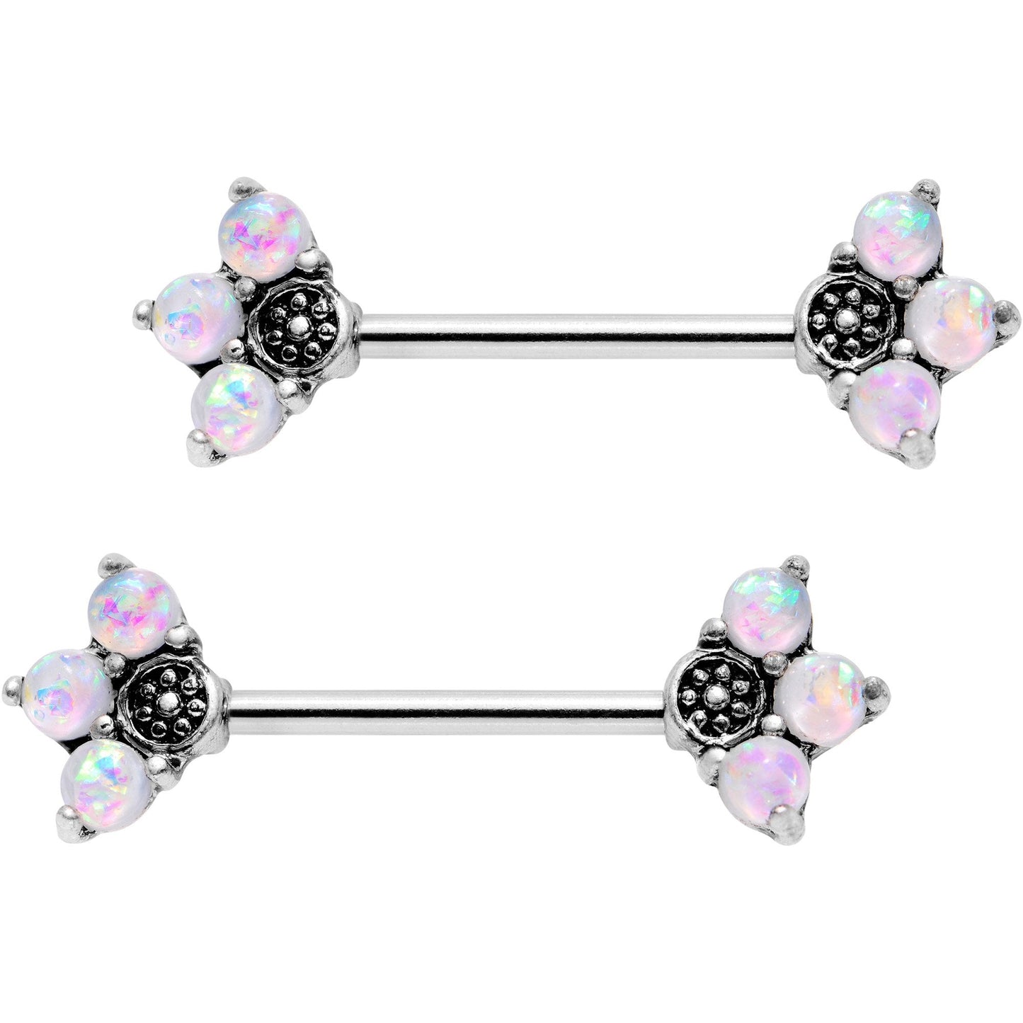 9/16 White Faux Opal Three Petal Flower Barbell Nipple Ring Set - BodyCandy - Flyclothing LLC