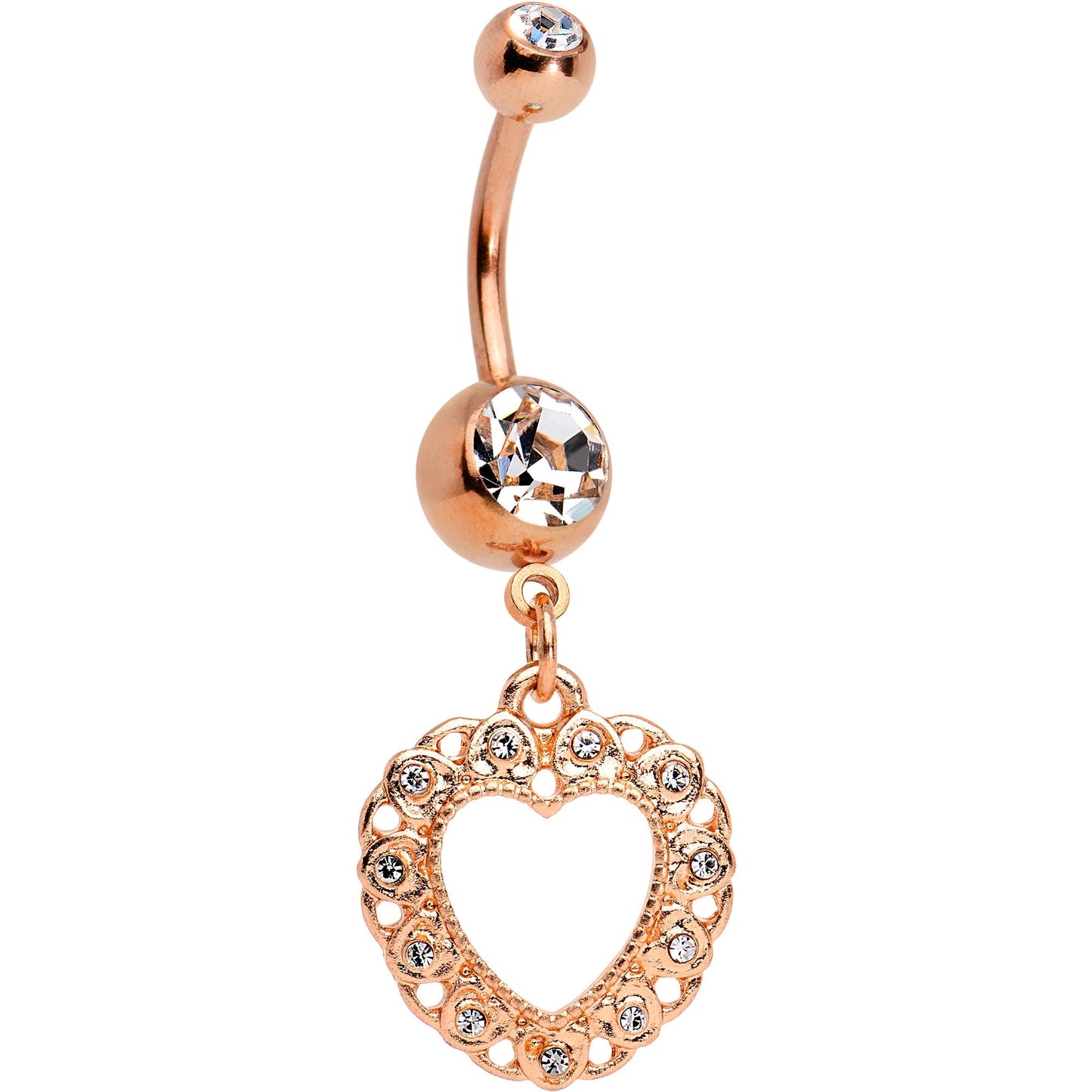 Clear Gem Rose Gold Tone Anodized Lacey Hollow Heart Dangle Belly Ring - BodyCandy - Flyclothing LLC