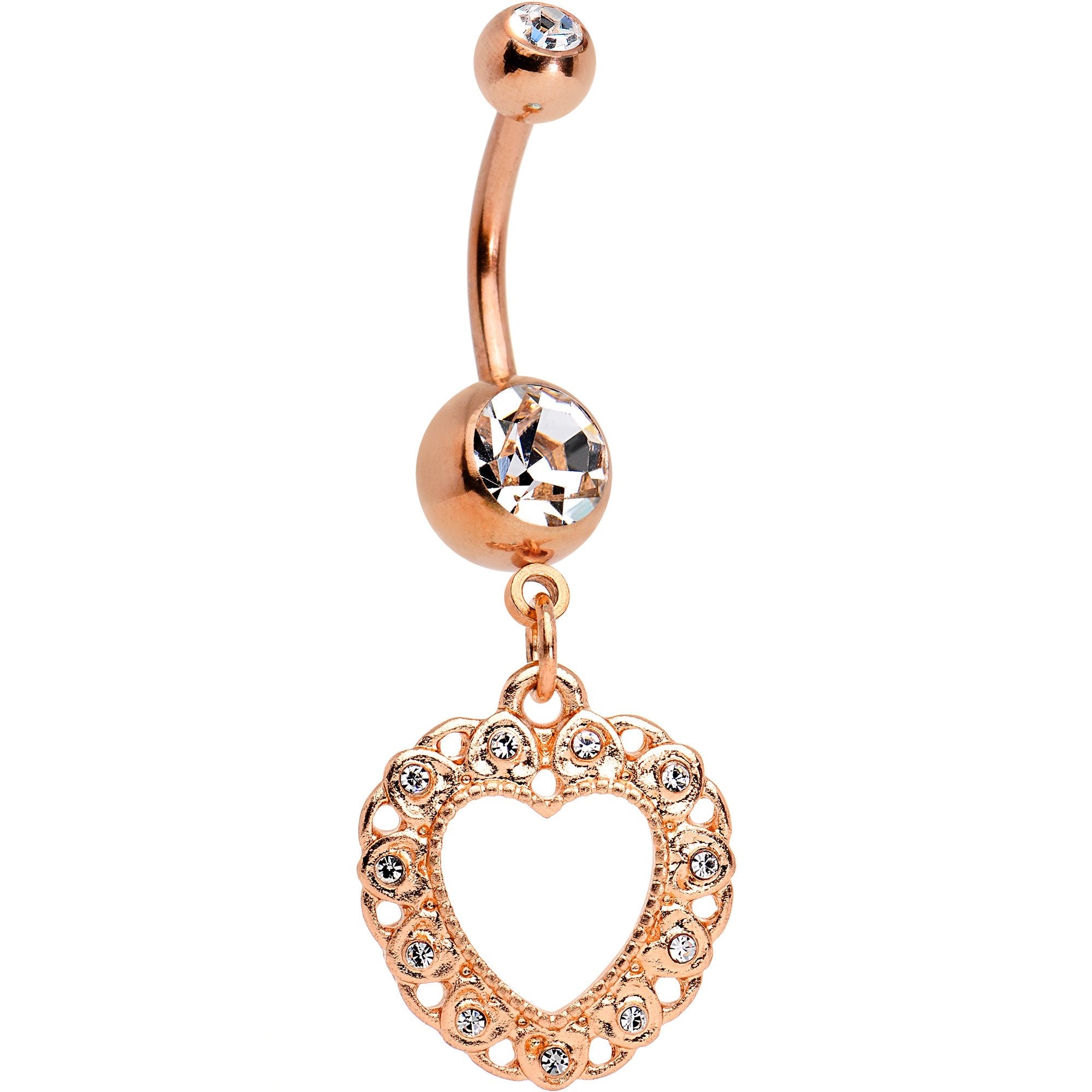 Clear Gem Rose Gold Tone Anodized Lacey Hollow Heart Dangle Belly Ring - BodyCandy - Flyclothing LLC