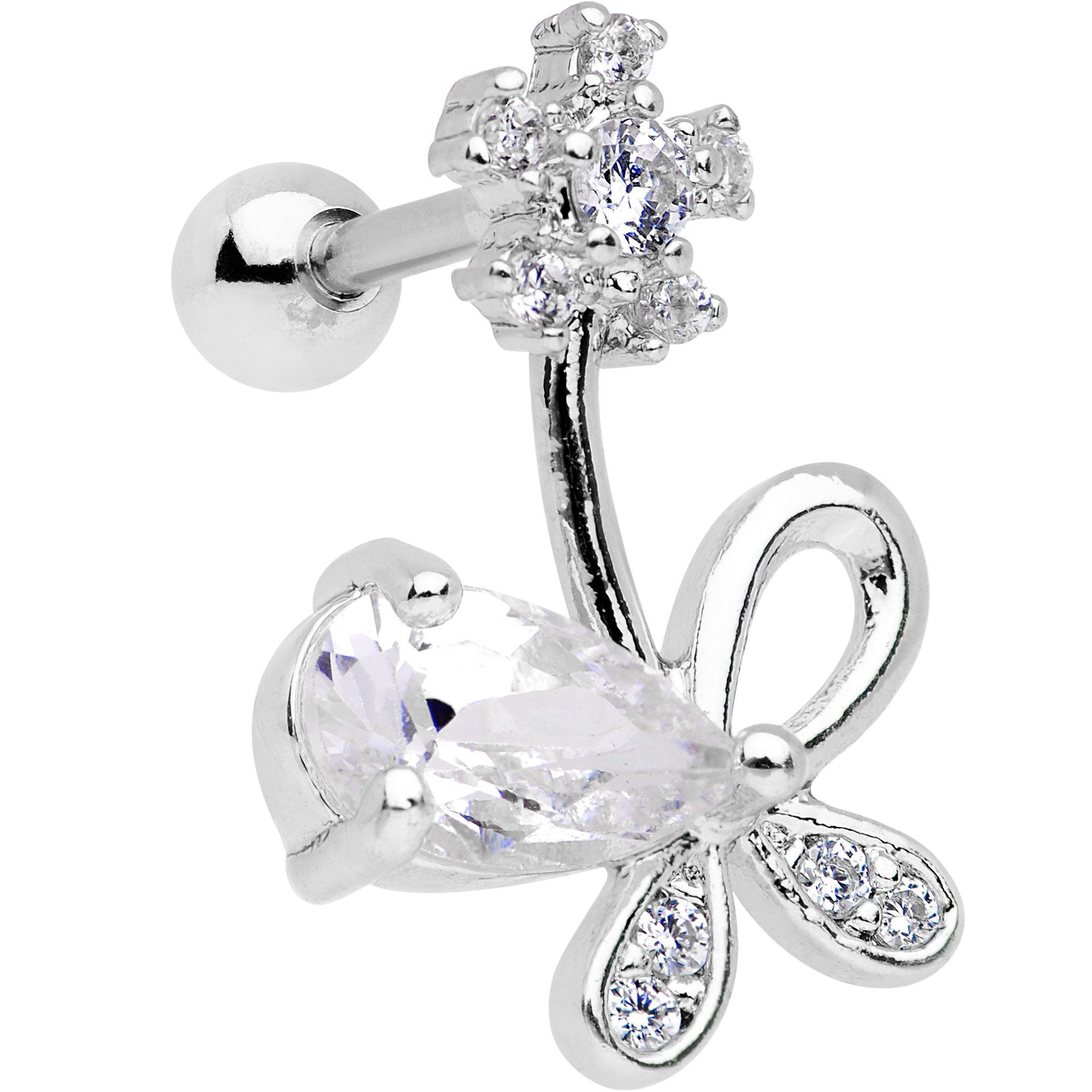 Clear CZ Gem Glamour Bow Right Cartilage Tragus Earring - BodyCandy - Flyclothing LLC