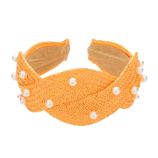 Pearl Embellished Braided Straw Headband - Madeline Love - Flyclothing LLC