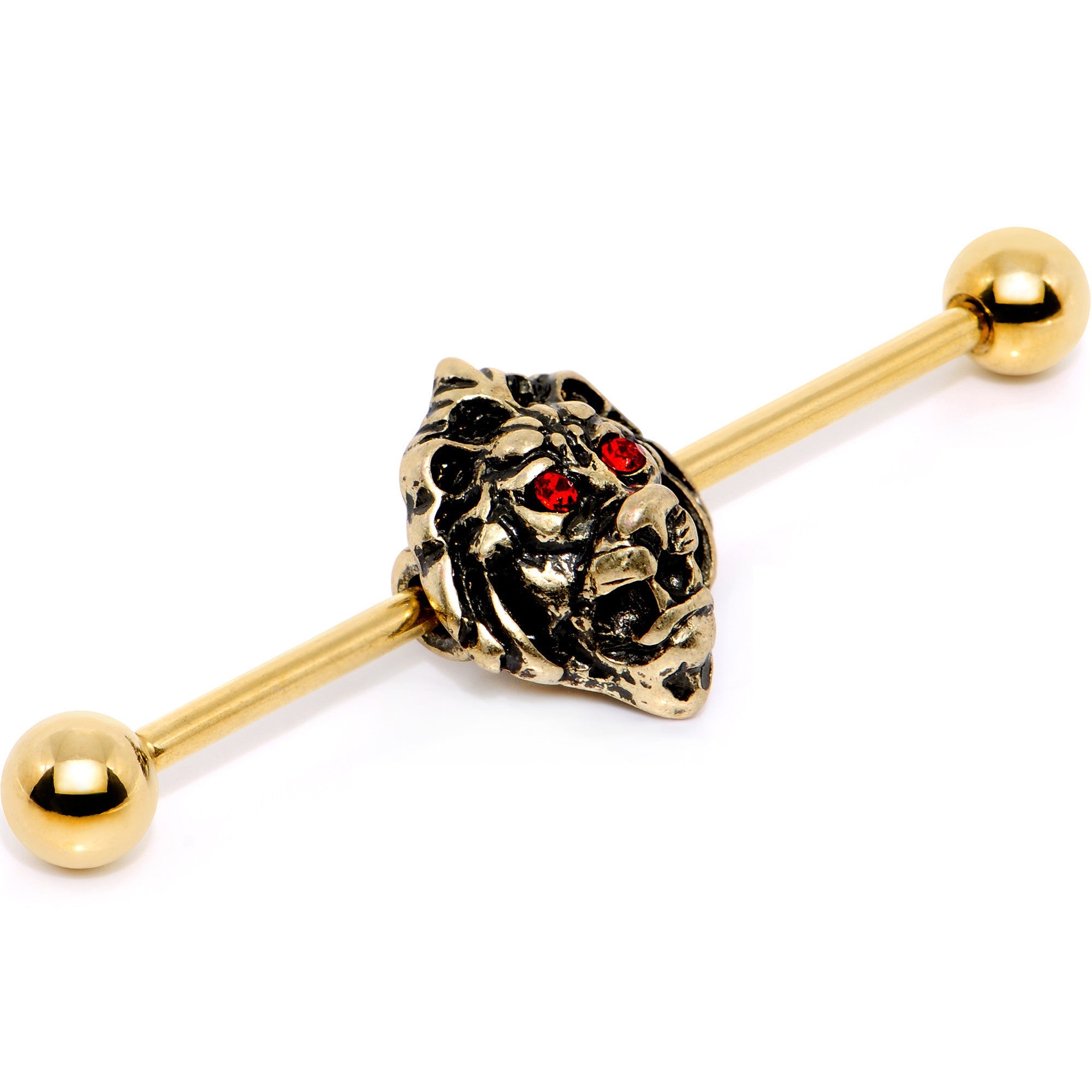 14G Red Gem Gold PVD Ferocious Lion Industrial Barbell 38mm - BodyCandy - Flyclothing LLC