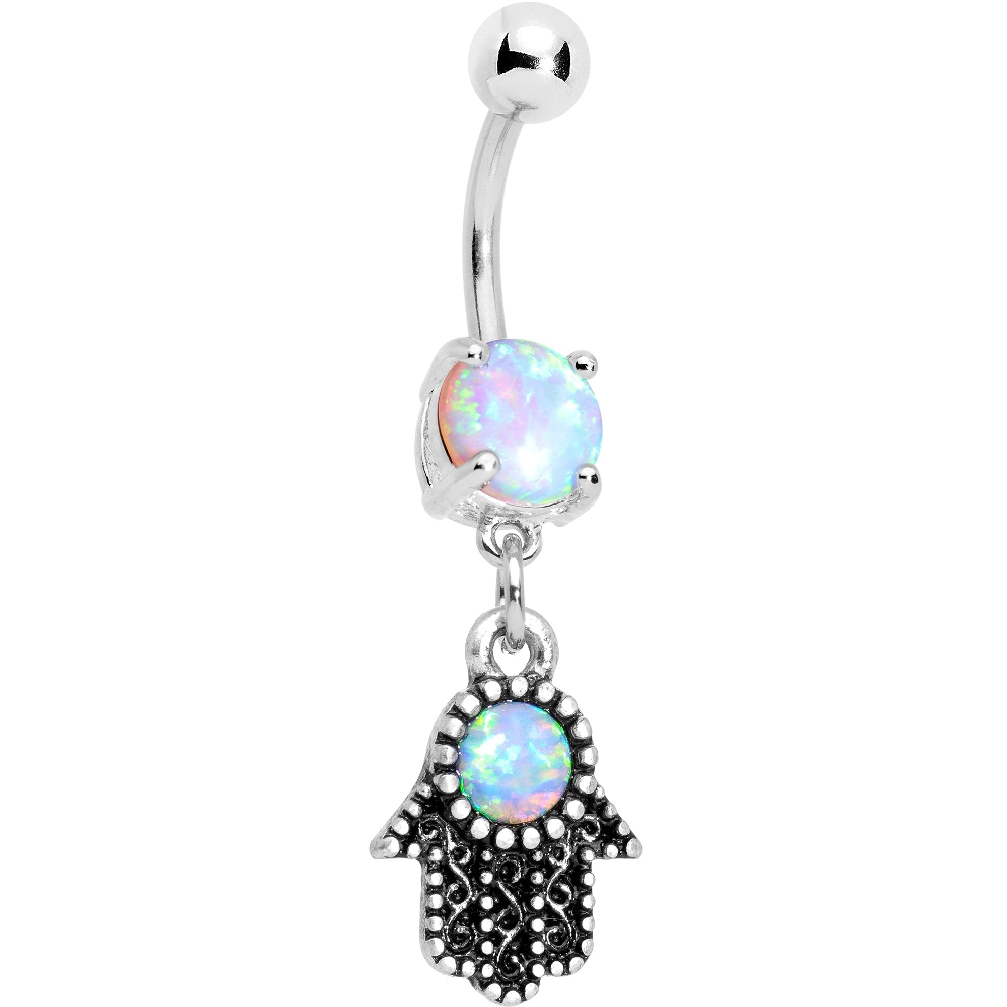 White Synthetic Opal Hamsa Hand Dangle Belly Ring - BodyCandy - Flyclothing LLC