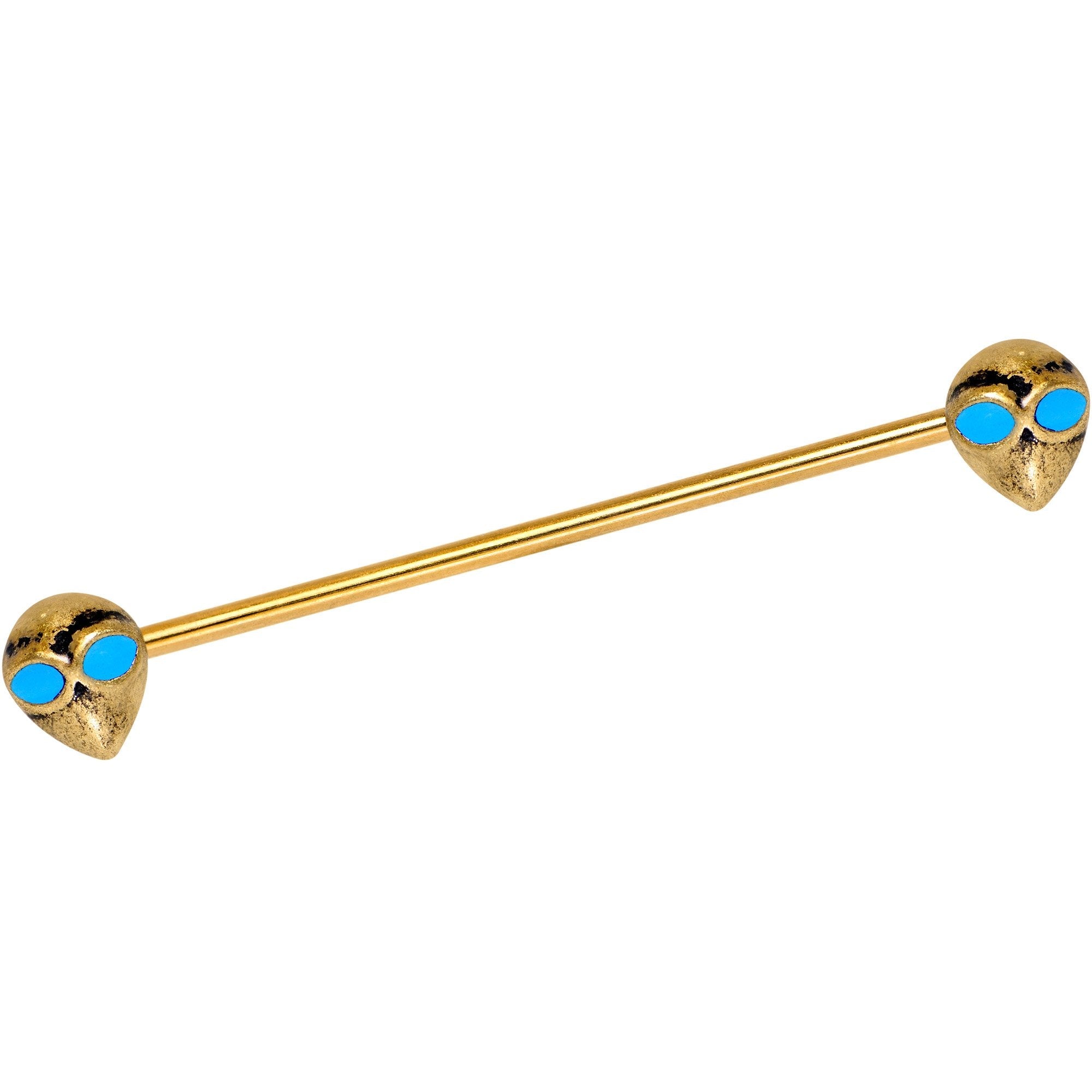 Gold Tone Anodized Blue Eyed Aliens Industrial Barbell 38mm - BodyCandy - Flyclothing LLC