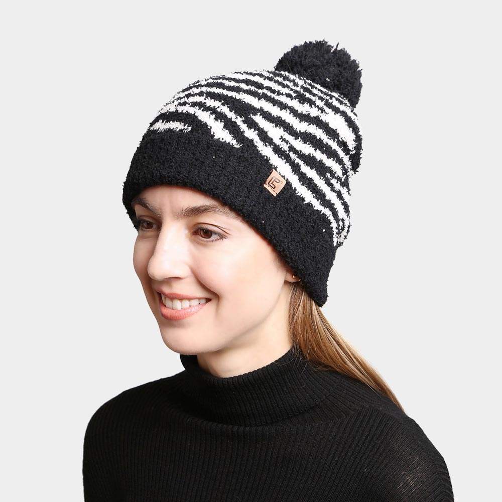 Zebra Lined Pom-Pom Beanie - Madeline Love - Flyclothing LLC