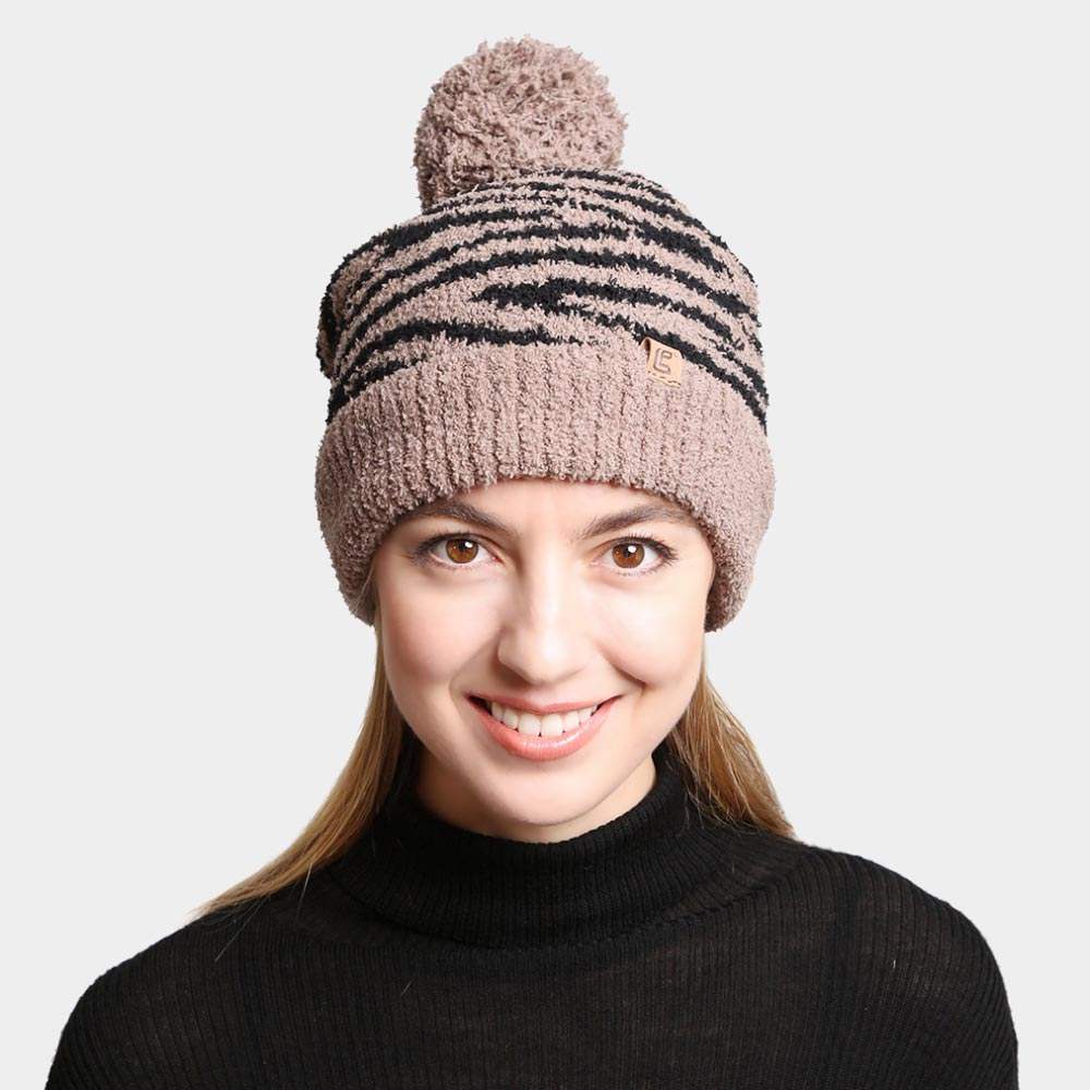 Zebra Lined Pom-Pom Beanie - Madeline Love - Flyclothing LLC