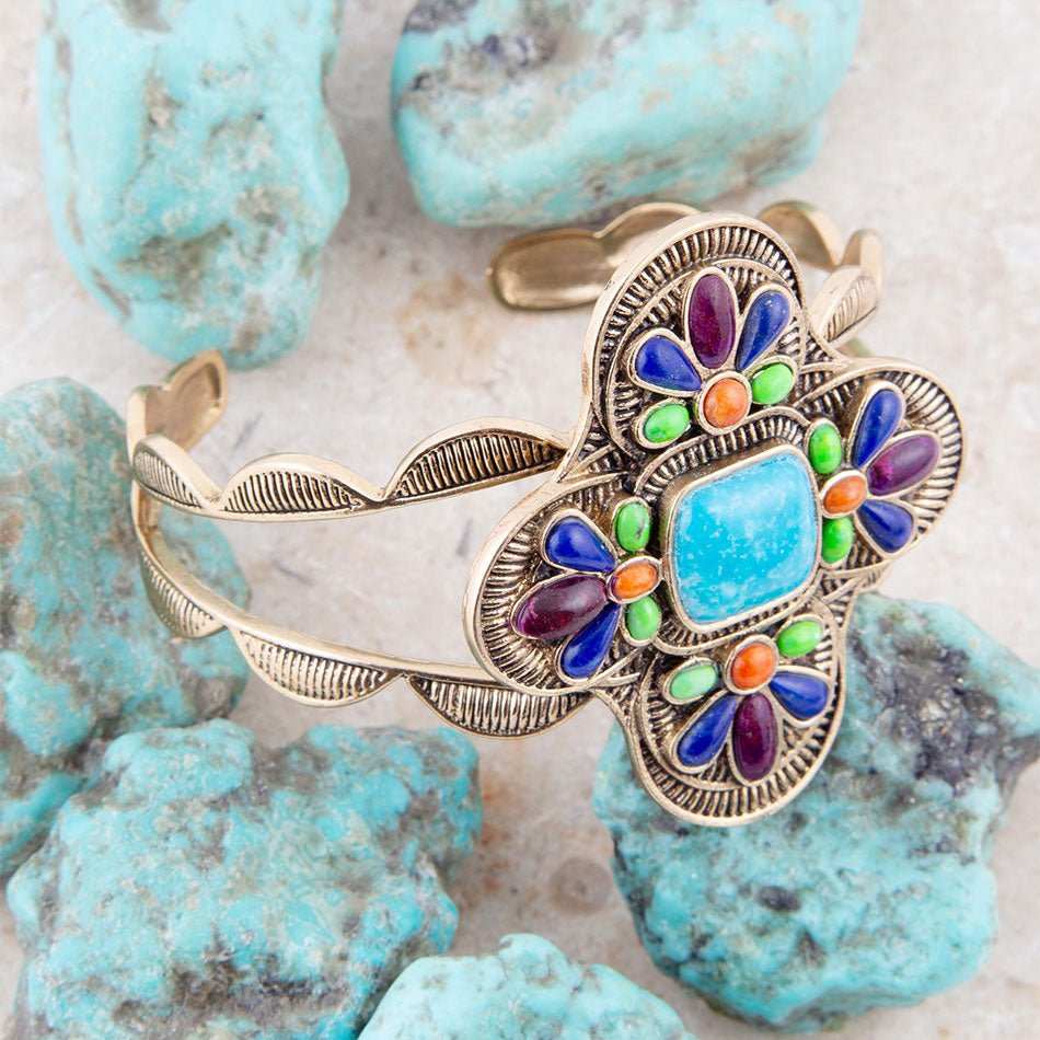 Zion Blue Turquoise Multi-Stone Golden Cuff Bracelet - Barse Jewelry - Flyclothing LLC