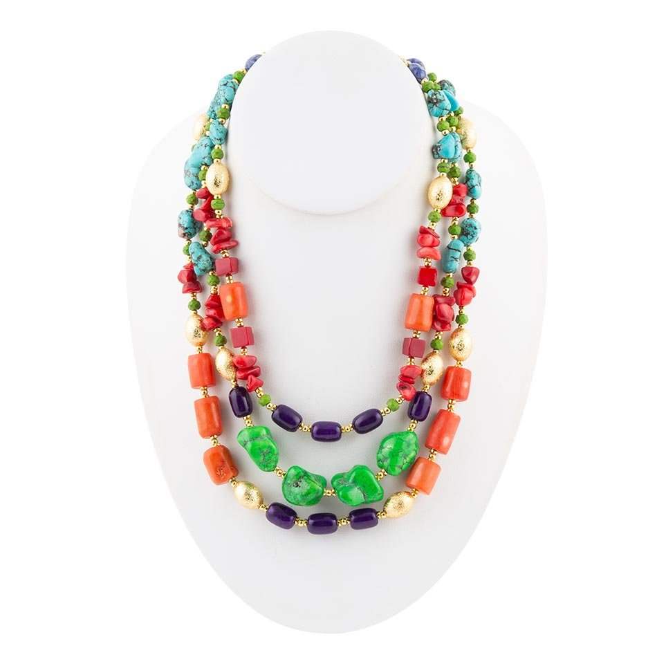 Zion Multi-Color Triple Strand Golden Statement Necklace - Barse Jewelry - Flyclothing LLC
