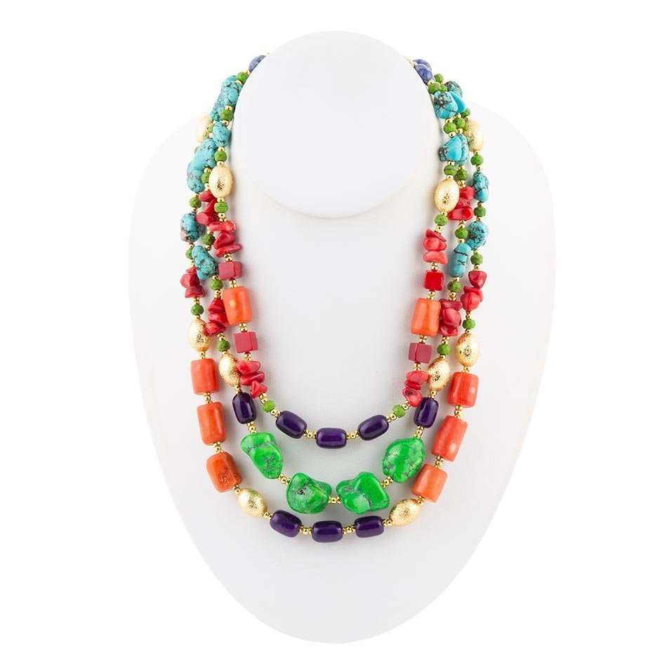 Zion Multi-Color Triple Strand Golden Statement Necklace - Barse Jewelry - Flyclothing LLC