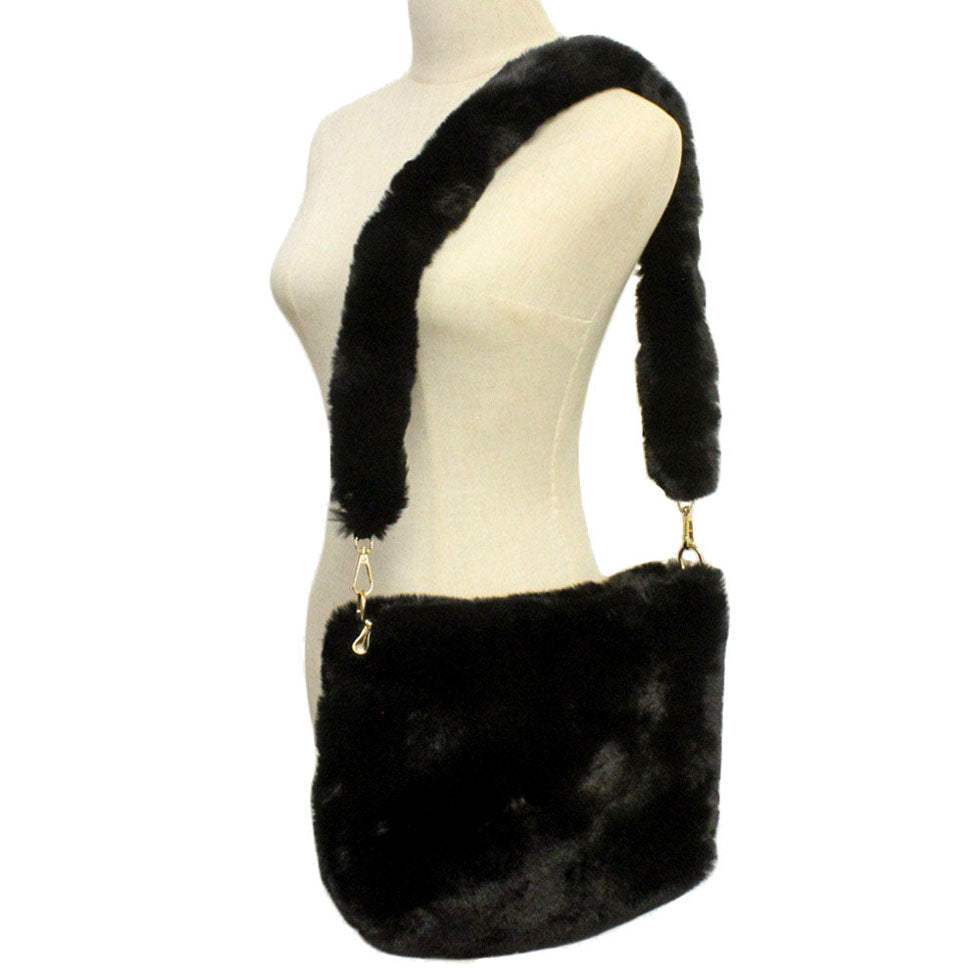 Zipper Closure Solid Faux Fur Crossbody Bag - Madeline Love - Flyclothing LLC