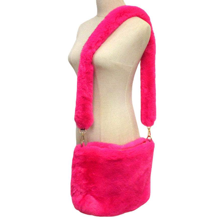Zipper Closure Solid Faux Fur Crossbody Bag - Madeline Love - Flyclothing LLC
