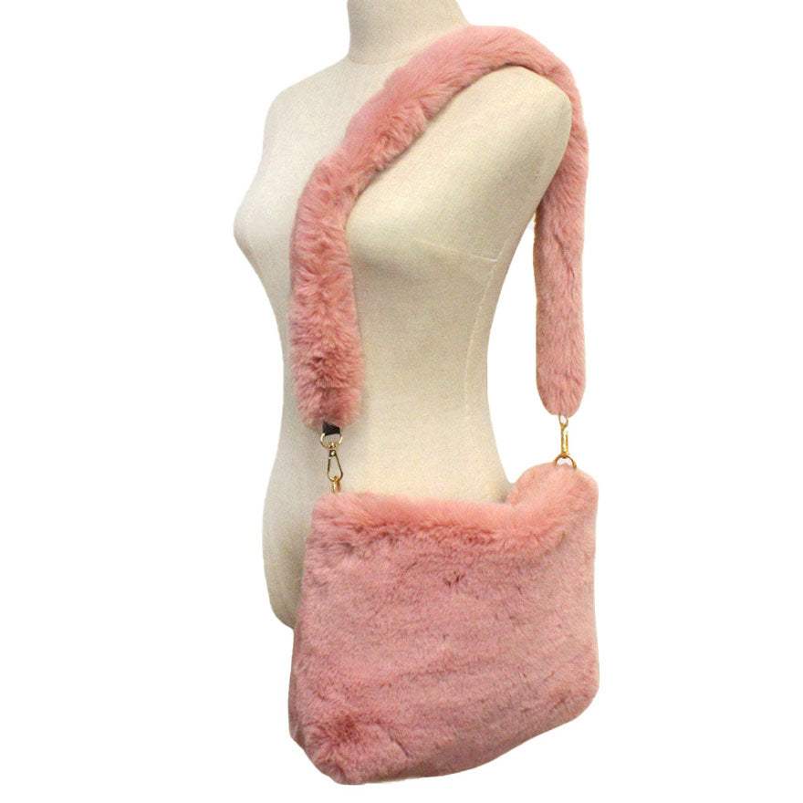 Zipper Closure Solid Faux Fur Crossbody Bag - Madeline Love - Flyclothing LLC