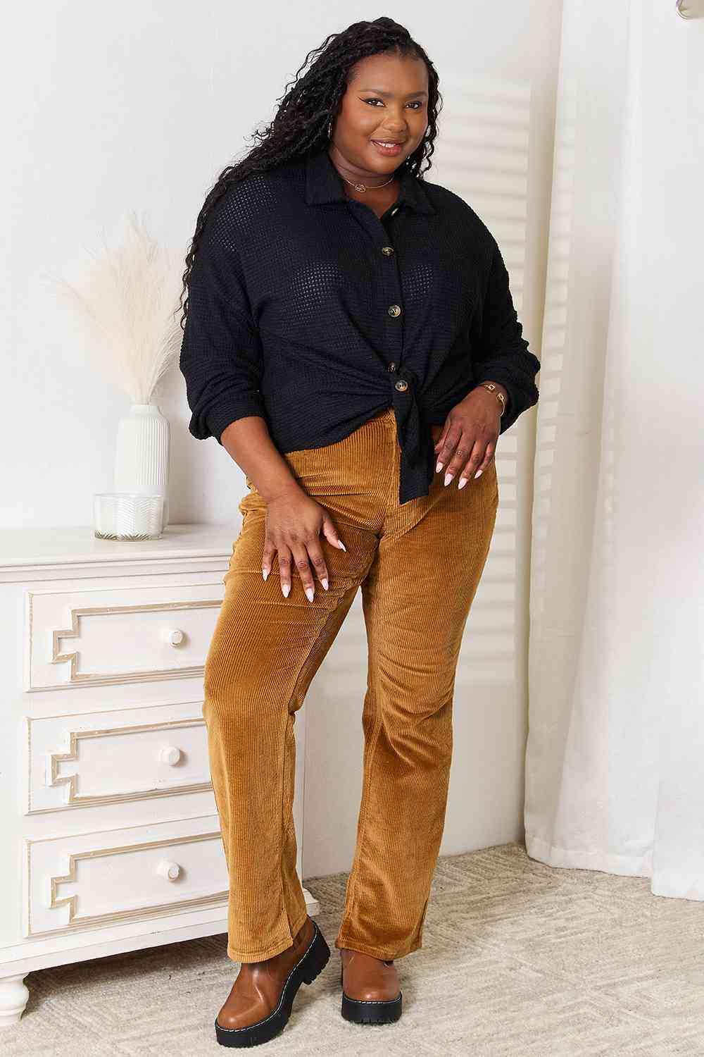 Double Take Waffle-Knit Collared Neck Dropped Shoulder Shirt - Trendsi - Flyclothing LLC