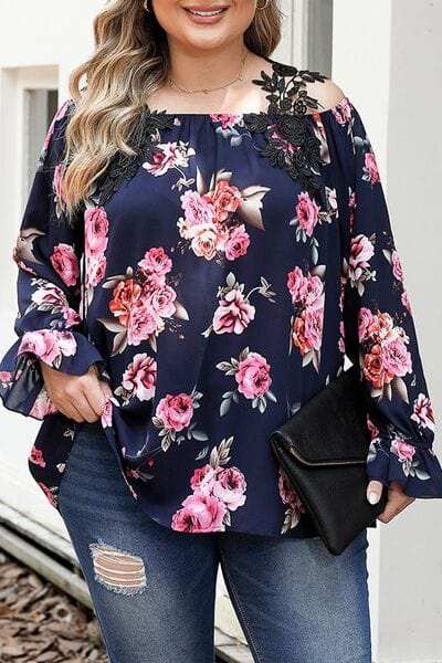 Plus Size Floral Flounce Sleeve Blouse - Trendsi - Flyclothing LLC
