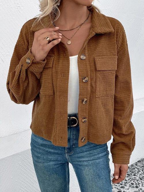 Collared Neck Button Front Jacket with Pockets - Trendsi