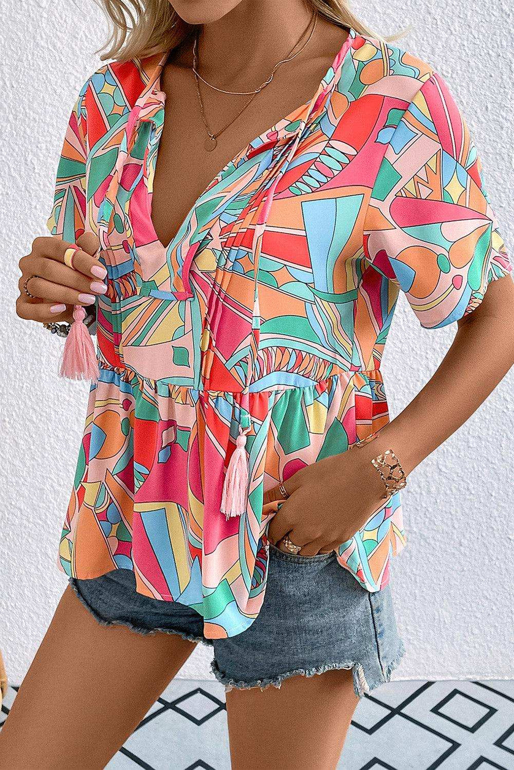 Printed Tie Neck Short Sleeve Blouse - Trendsi - Flyclothing LLC