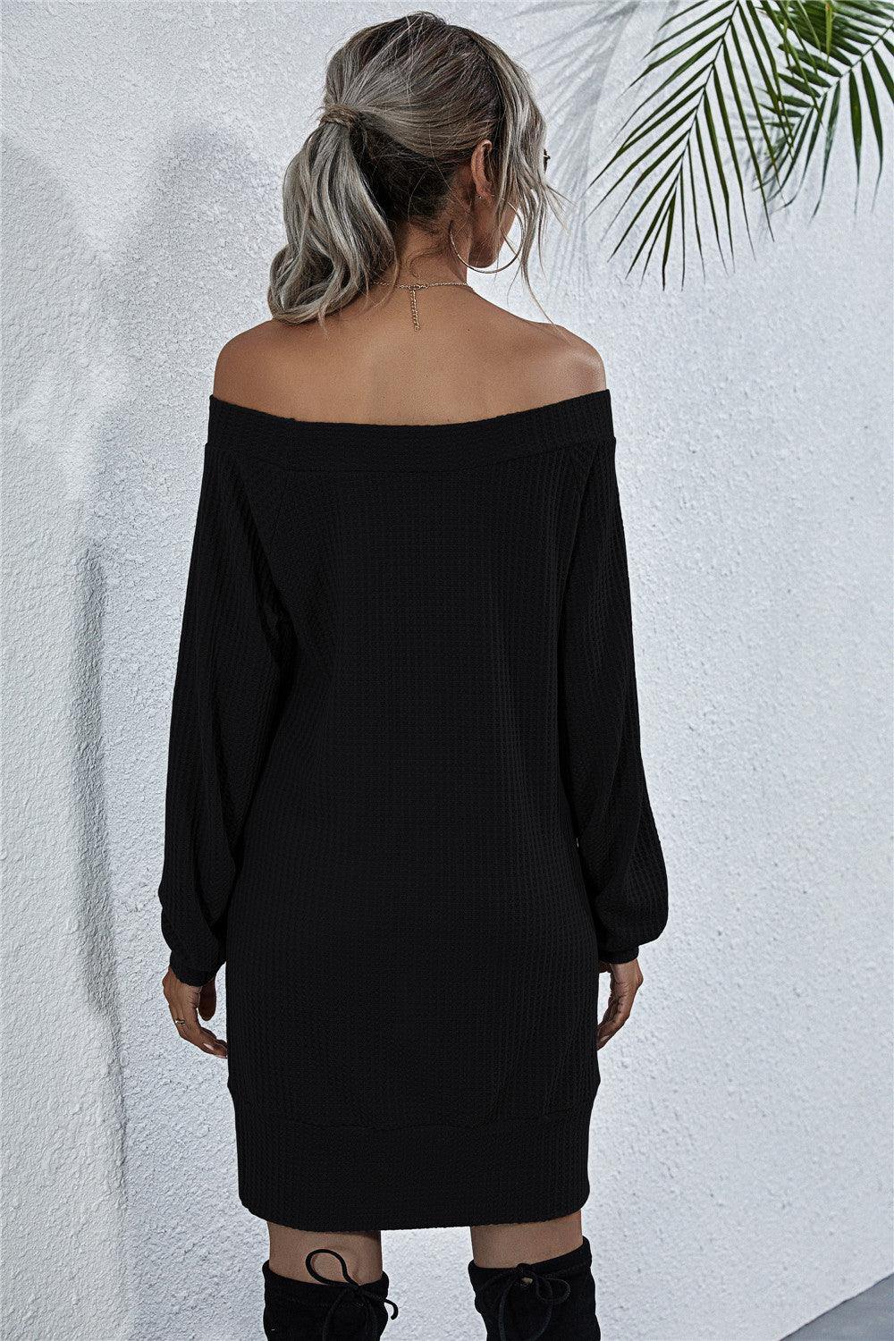 Waffle-Knit Boat Neck Mini Dress - Flyclothing LLC