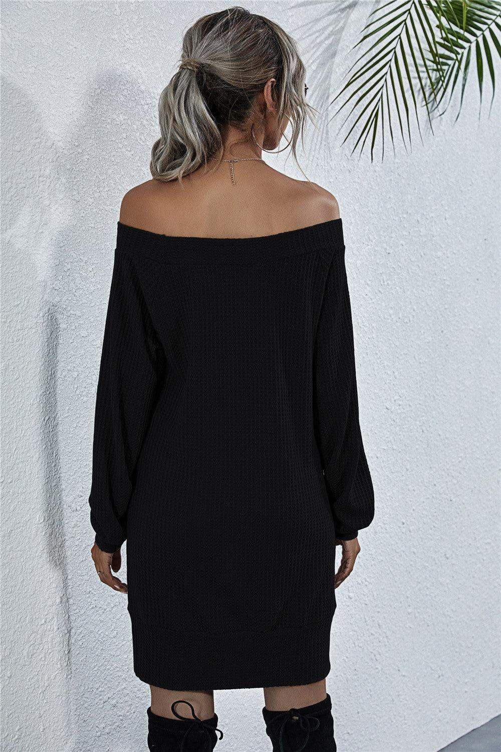 Waffle-Knit Boat Neck Mini Dress - Trendsi - Flyclothing LLC