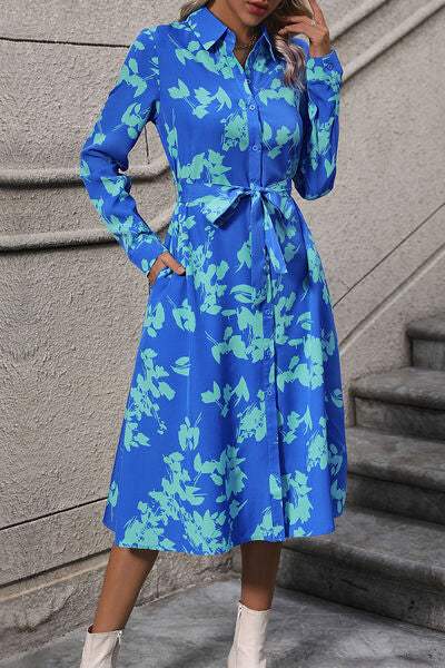 Printed Button Up Tie Waist Dress - Trendsi - Flyclothing LLC