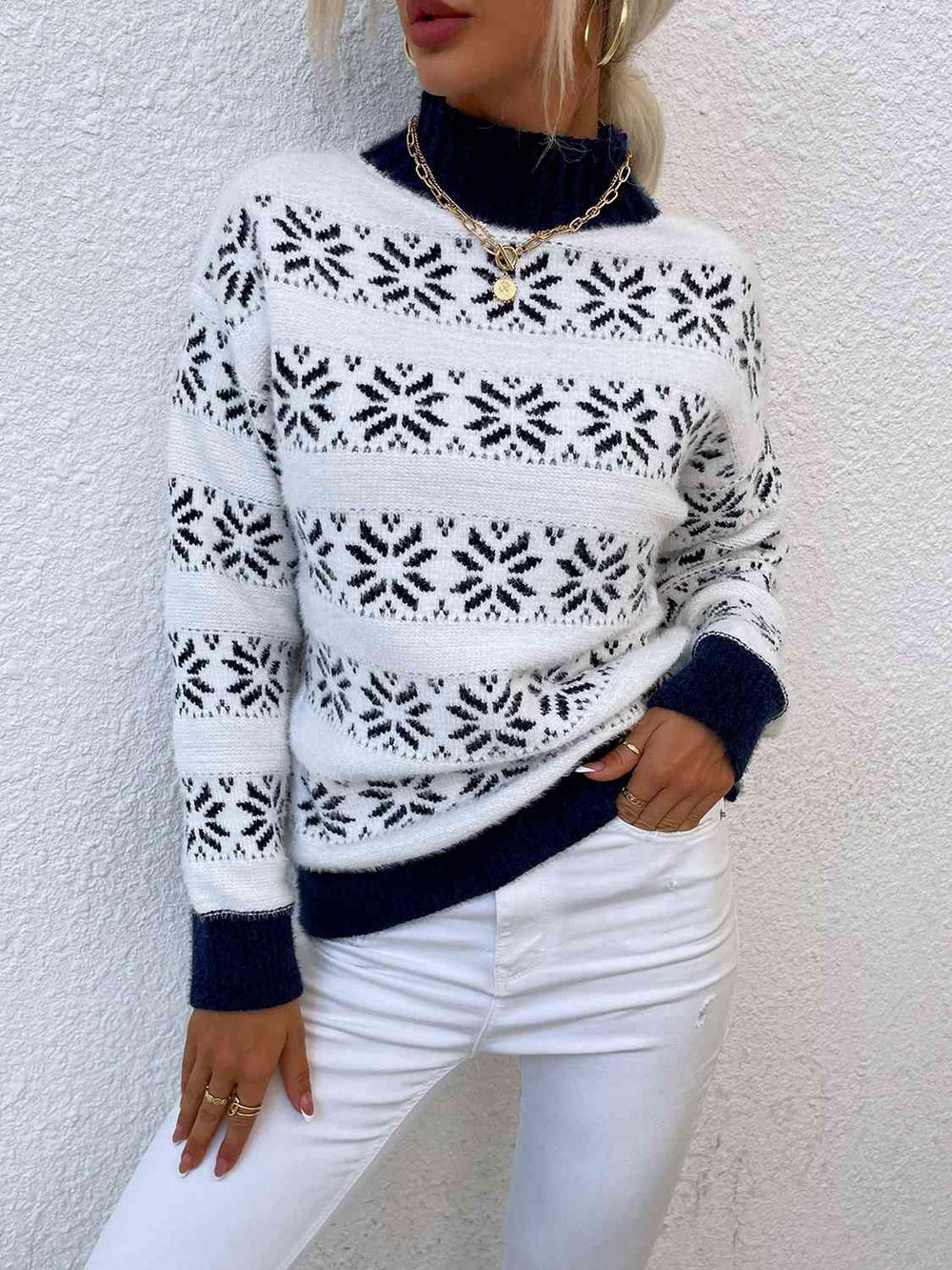 Snowflake Pattern Mock Neck Sweater - Trendsi