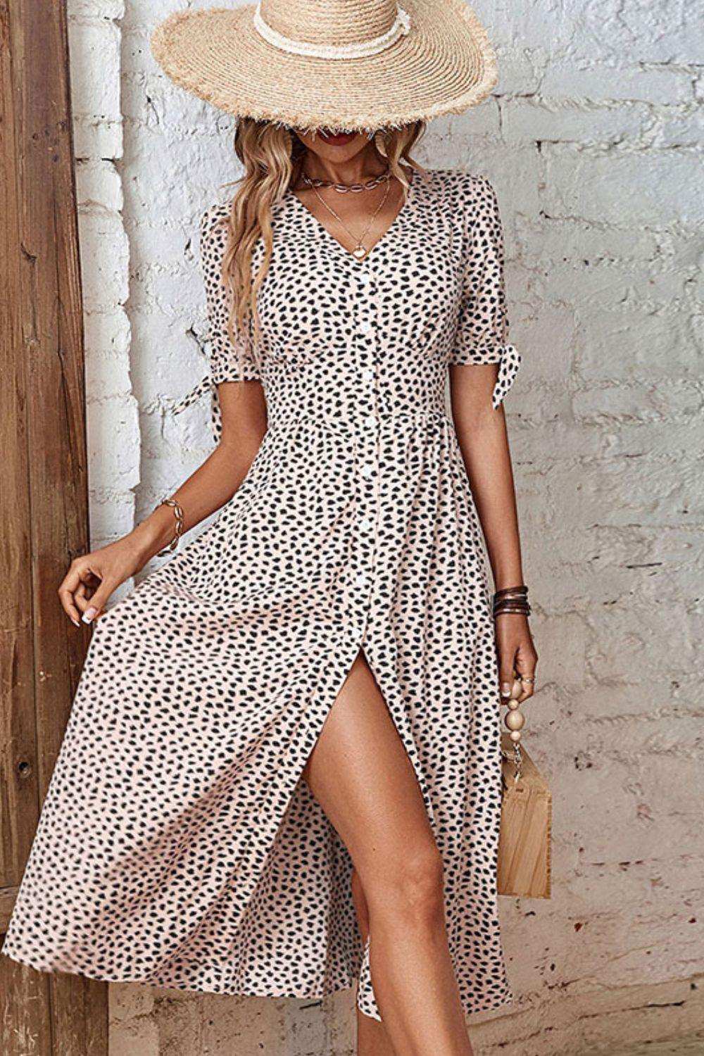 Animal Print Button Front V-Neck Tied Dress - Trendsi - Flyclothing LLC