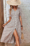 Animal Print Button Front V-Neck Tied Dress - Trendsi