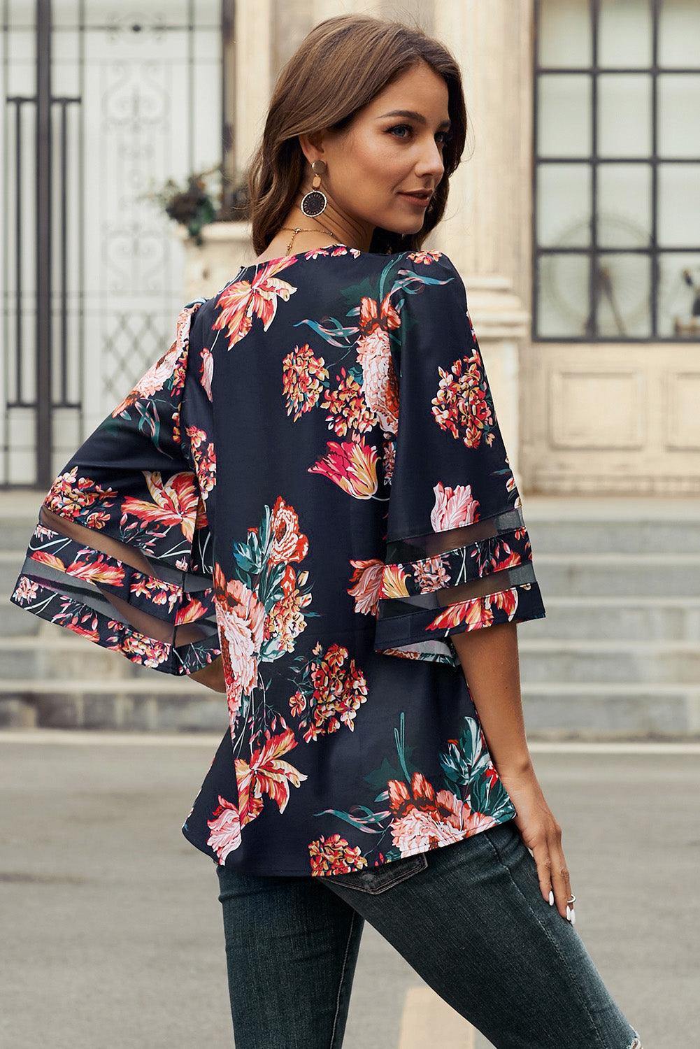 Printed Flare Sleeve Top - Trendsi