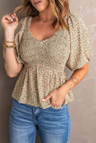 Smocked Balloon Sleeve Peplum Blouse - Trendsi - Flyclothing LLC