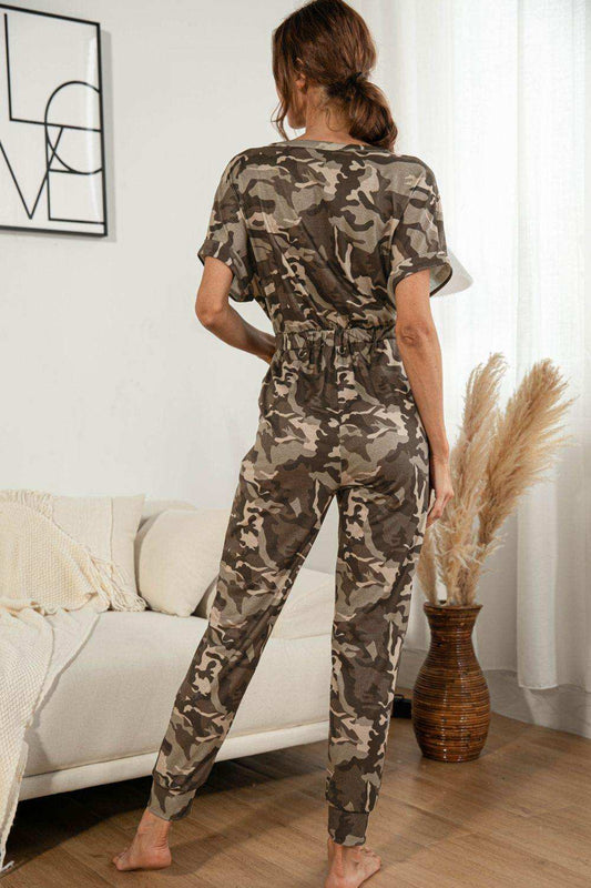 Surplice Neck Tied Short Sleeve Jumpsuit - Trendsi - Flyclothing LLC