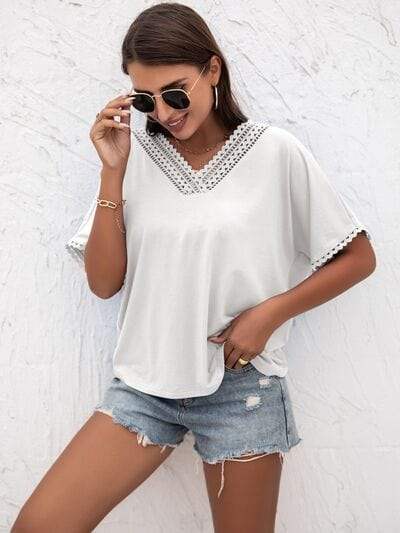 Lace Detail V-Neck T-Shirt - Trendsi - Flyclothing LLC