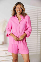 Double Take Textured Shirt and Elastic Waist Shorts Set - Trendsi