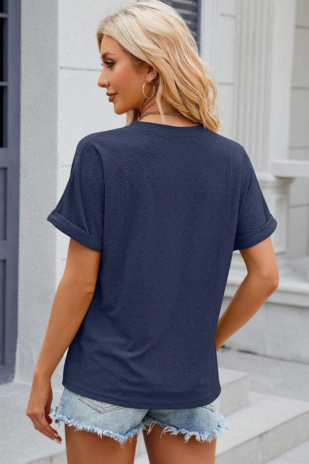 Eyelet Notched Short Sleeve T-Shirt - Trendsi - Flyclothing LLC
