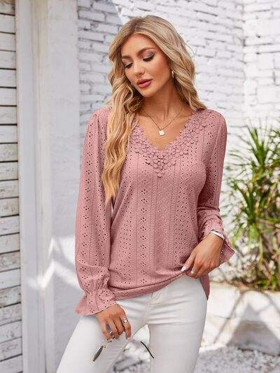 Applique V-Neck Flounce Sleeve T-Shirt - Trendsi - Flyclothing LLC