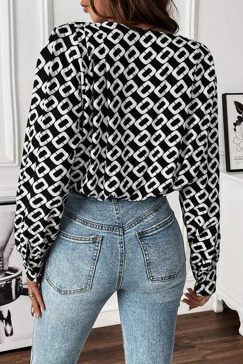 Geometric V-Neck Long Sleeve Blouse - Trendsi - Flyclothing LLC