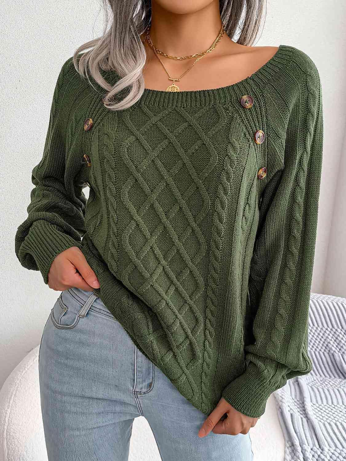 Decorative Button Cable-Knit Sweater - Trendsi