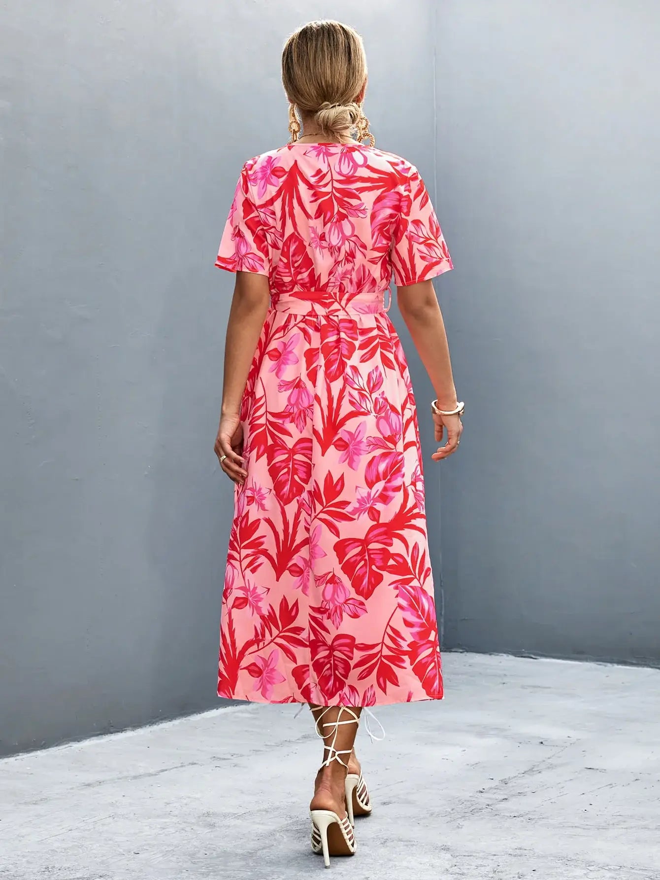 Floral Print High Slit Surplice Neck Tie Waist Midi Dress - Trendsi - Flyclothing LLC