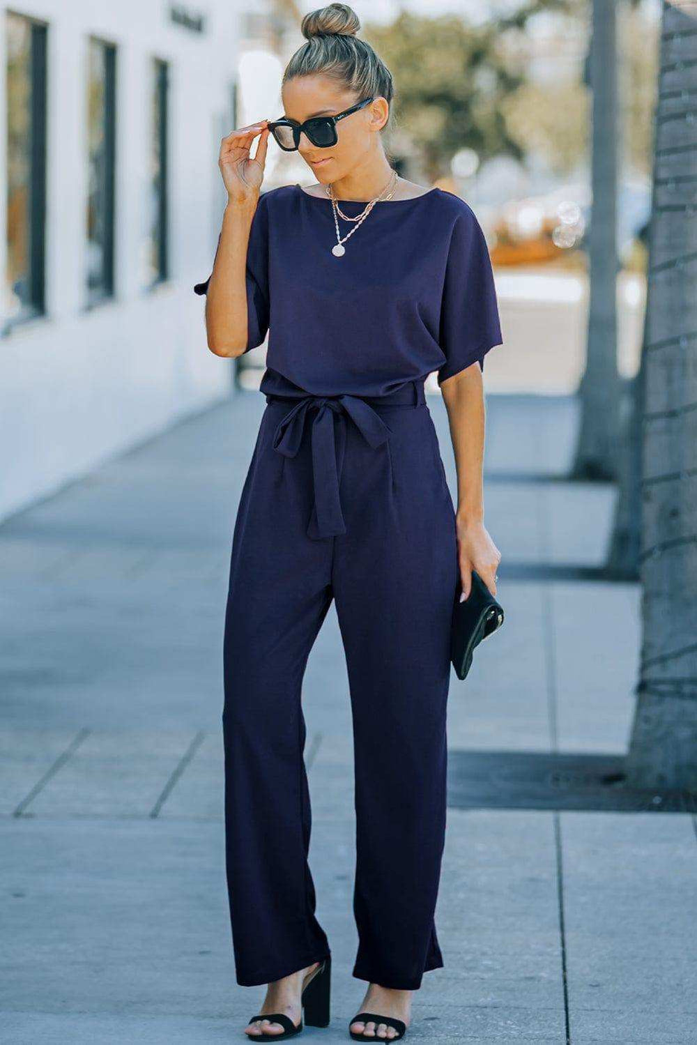 Full Size Tie Waist Straight Leg Jumpsuit - Trendsi - Flyclothing LLC