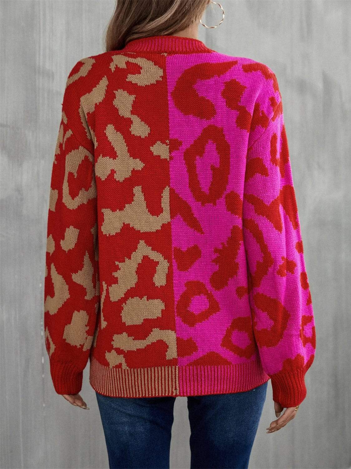 Leopard Round Neck Long Sleeve Sweater - Trendsi - Flyclothing LLC
