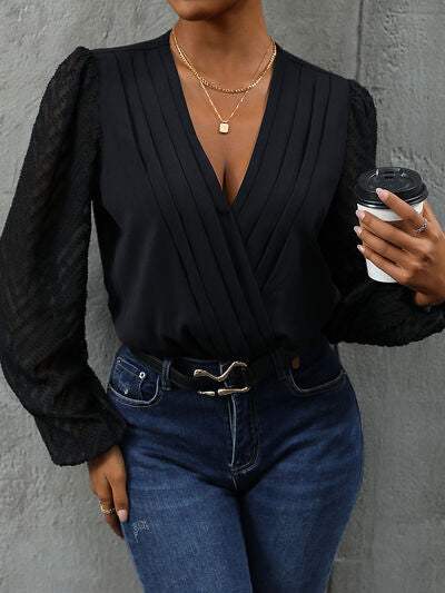 Ruched Surplice Long Sleeve Bodysuit - Trendsi - Flyclothing LLC