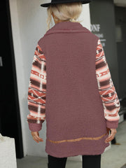 Geometric Zip-Up Collared Sherpa Jacket - Trendsi