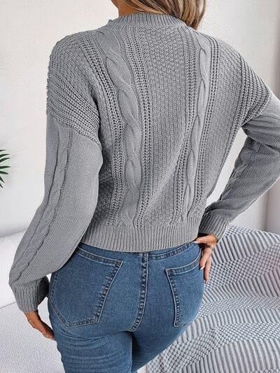 Cable-Knit Buttoned Round Neck Sweater - Trendsi