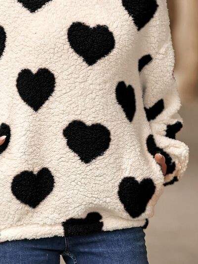 Fuzzy Heart Pocketed Dropped Shoulder Hoodie - Trendsi - Flyclothing LLC