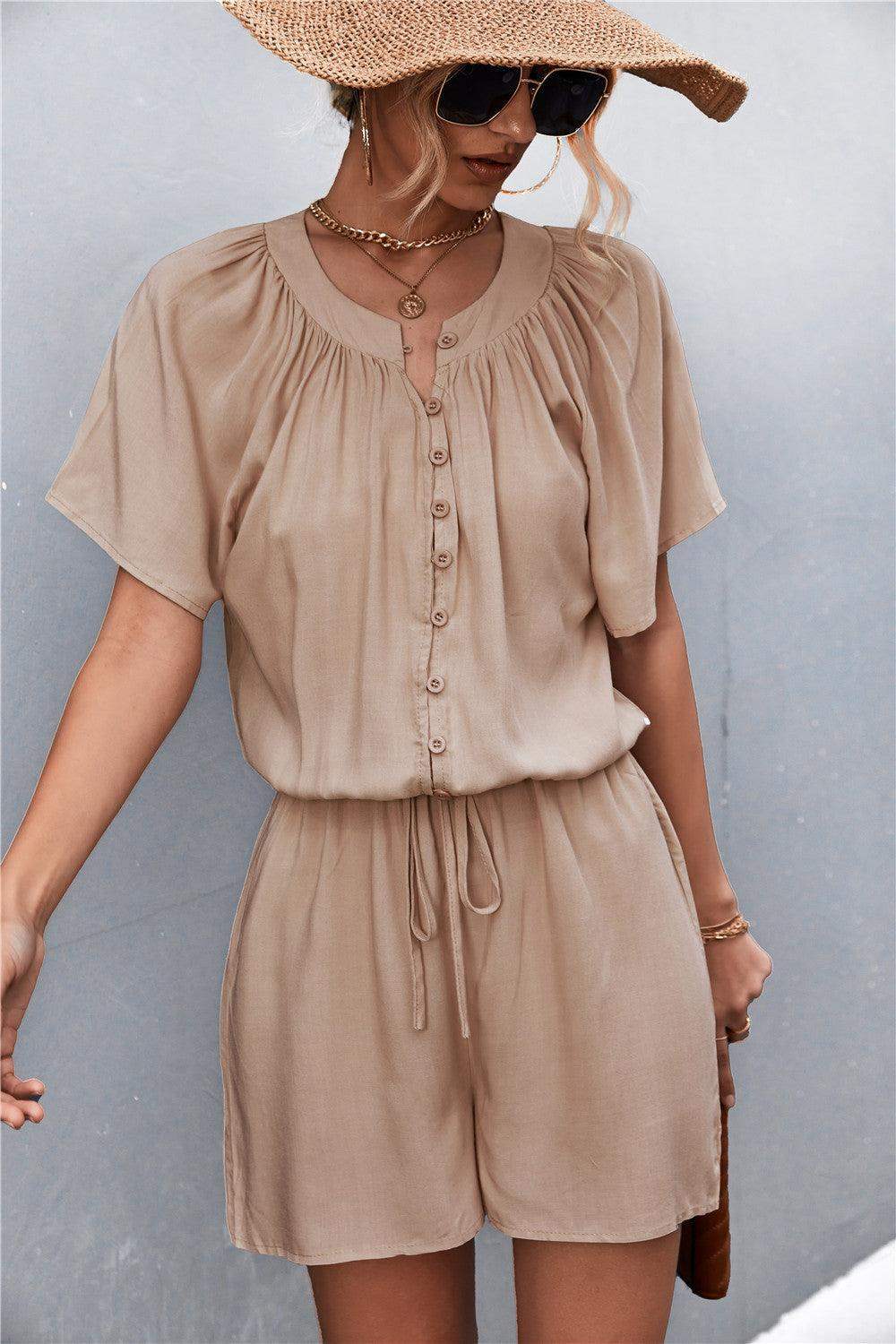 Buttoned Gather Detail Romper - Trendsi - Flyclothing LLC