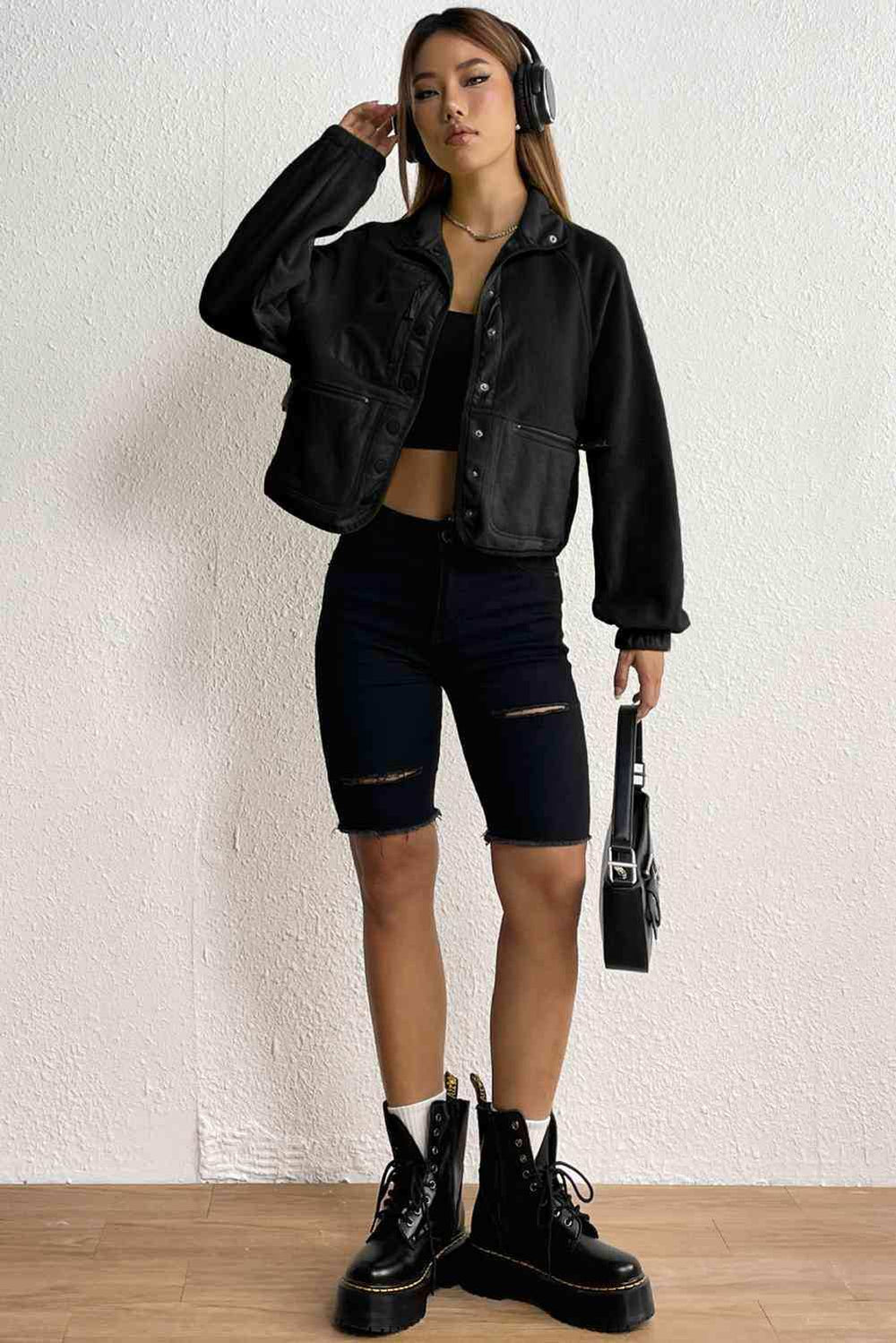 Snap Down Collared Jacket - Trendsi - Flyclothing LLC