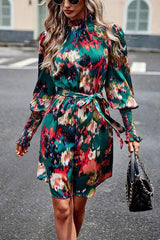 Printed Tie Waist Mock Neck Lantern Sleeve Dress - Trendsi - Flyclothing LLC